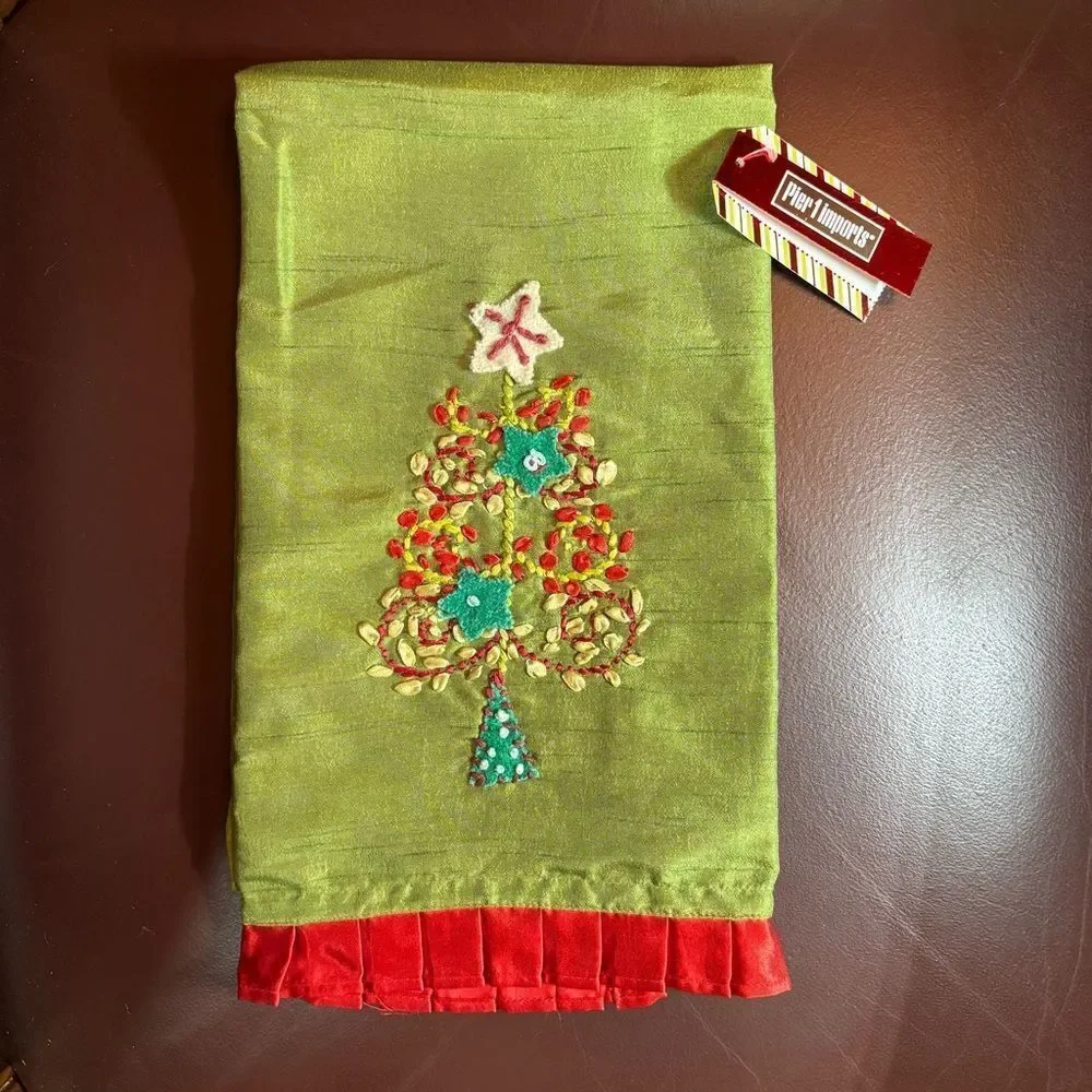 Pier One Imports Festive Green embellished Christmas Tree Tea Towel NWT